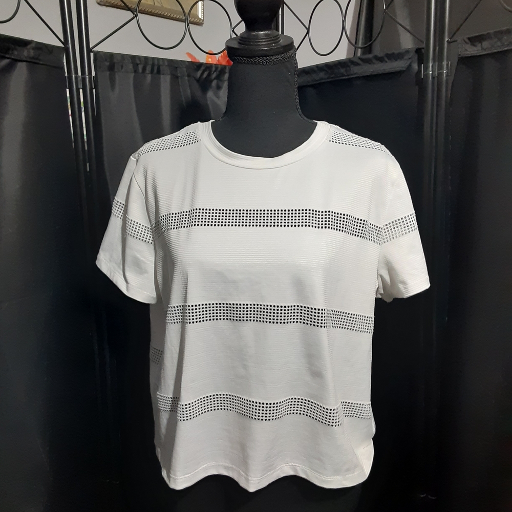 Gypsies & Moondust White Crop Top Eyelit Stripe Design Short Sleeve Women's L